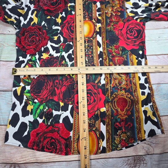 Barabas Mens Medium Button Shirt Multicolor Rose & Animal Print With Rhinestones - Picture 8 of 9